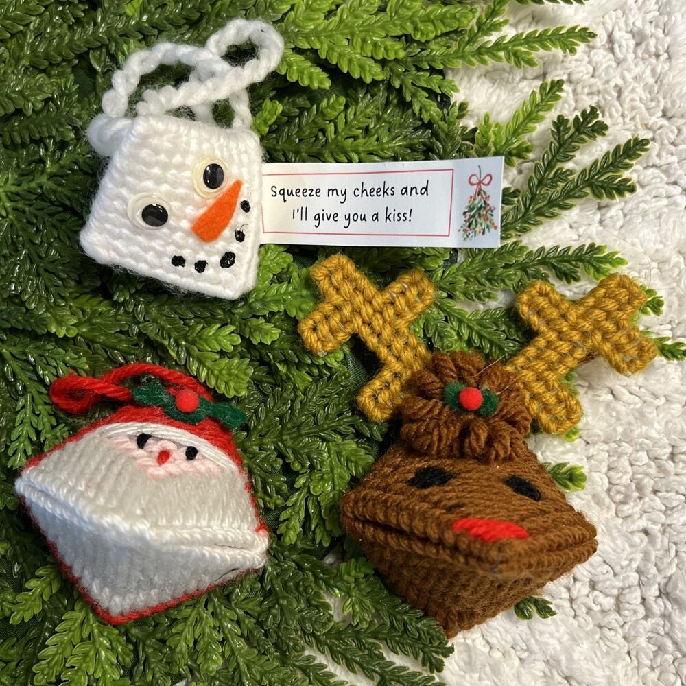 Set of 3 Vintage Plastic Canvas Kiss Ornaments Santa Reindeer Snowman Christmas